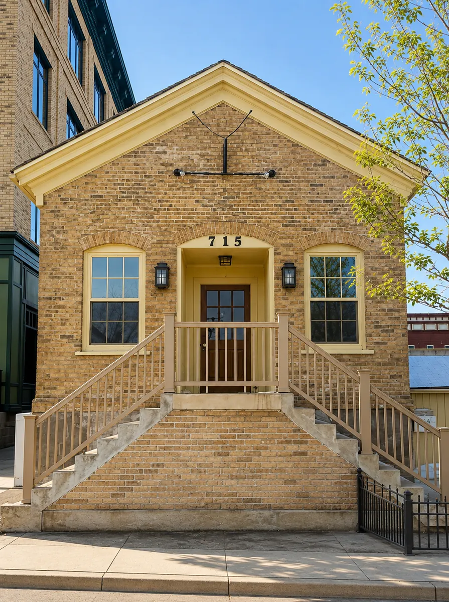 The historic 1800s cream-city-brick building housing Smith + Elliot salon at 715 in downtown Delafield, WI