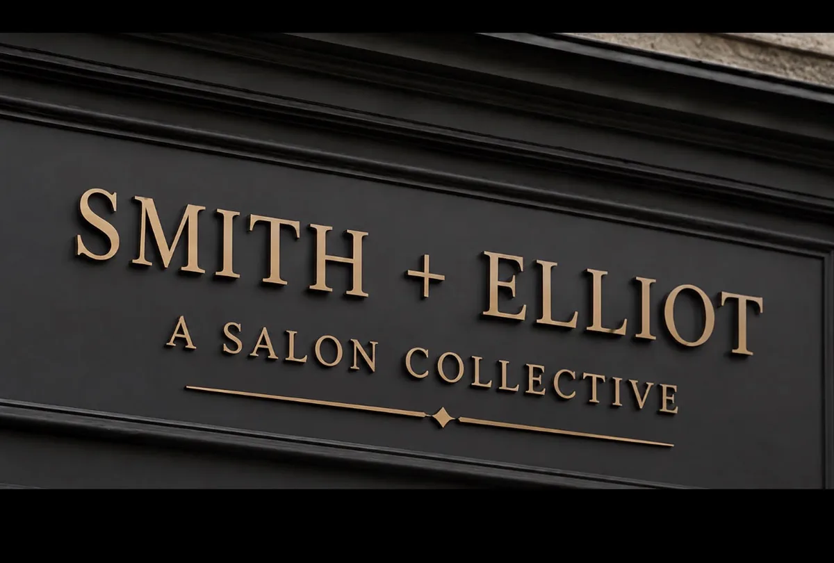 Smith + Elliot salon sign in gold lettering on black — a salon collective in Delafield, WI